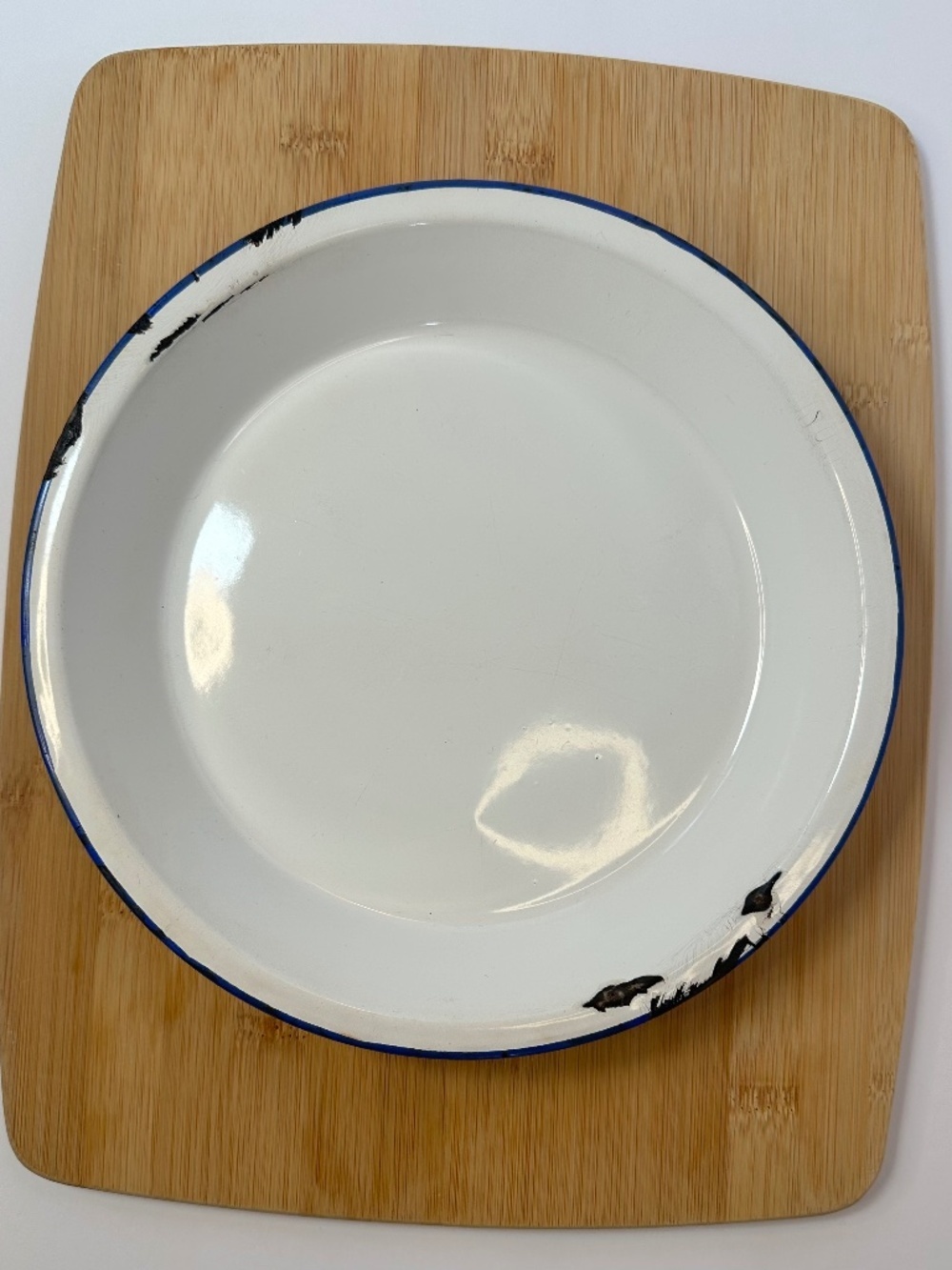 Vintage Peacock Enamel Plate White Blue Rim Rustic Farmhouse Decor